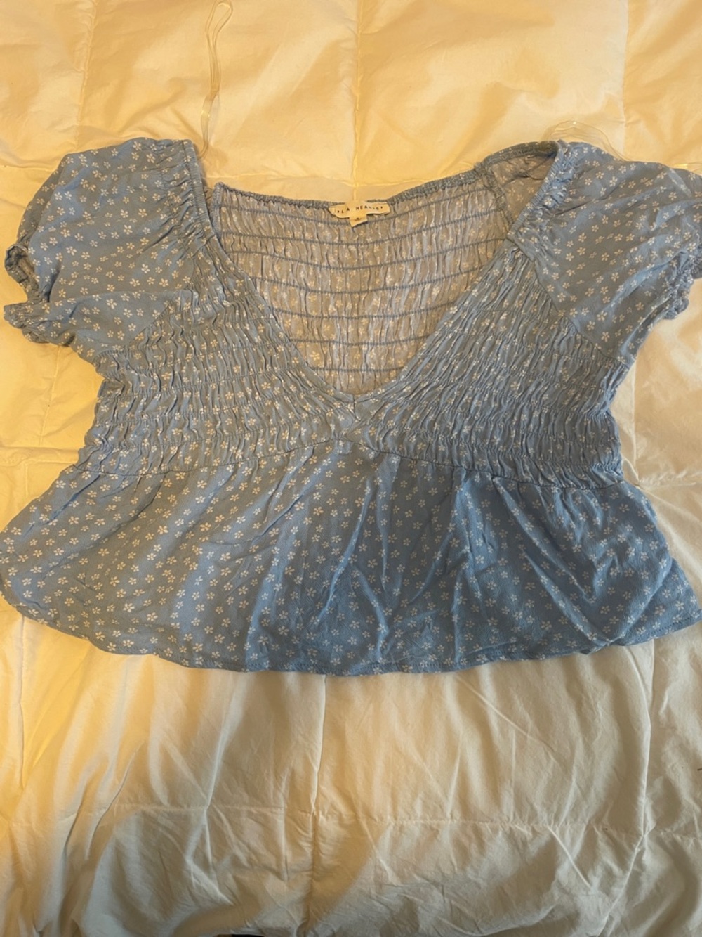 LA Hearts Blue floral babydoll top with ruffles and puffy sleeves. Size: S